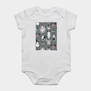 Friendly Geometric Farm Animals // pattern // green grey linen texture background black and white brown grey and yellow animals Baby Bodysuit